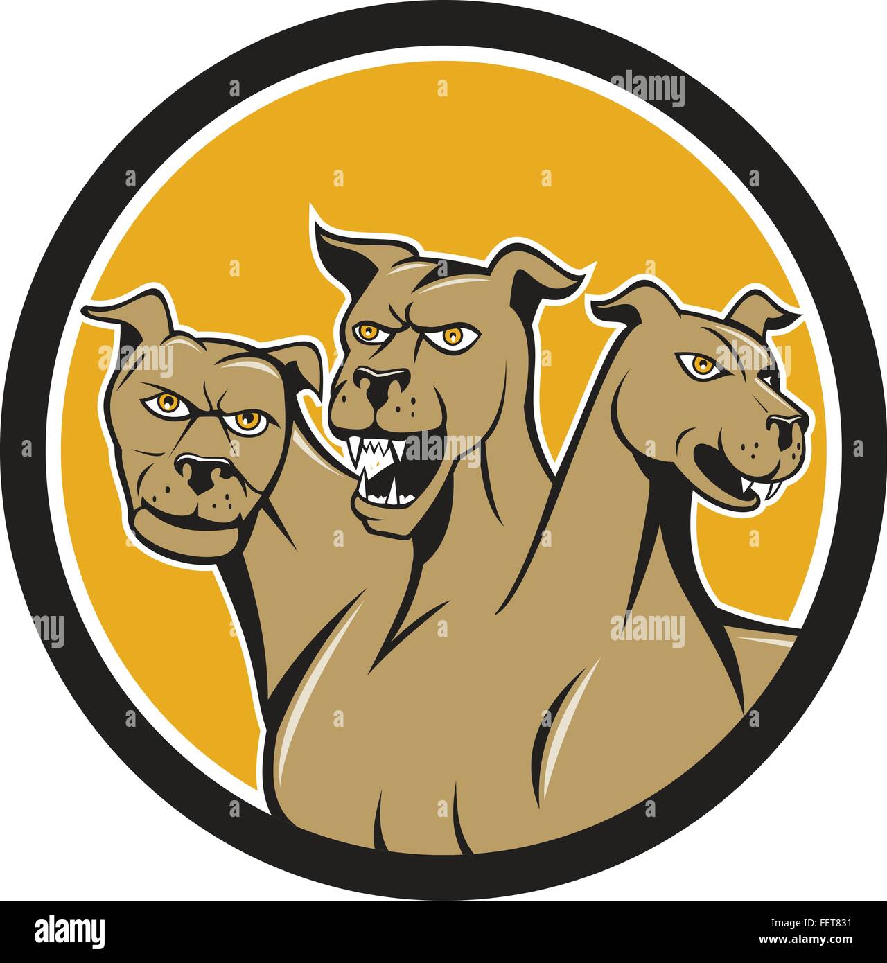 Illustration of cerberus, in Greek and Roman mythology, a multi-headed usually three-headed dog, or hellhound with a serpent's tail, a mane of snakes lion's claws set inside circle done in cartoon style Illustration of cerberus, in Greek and Roman mythology, a multi-headed usually three-headed dog, or hellhound with a serpent's tail, a mane of snakes lion's claws set inside circle done in cartoon style