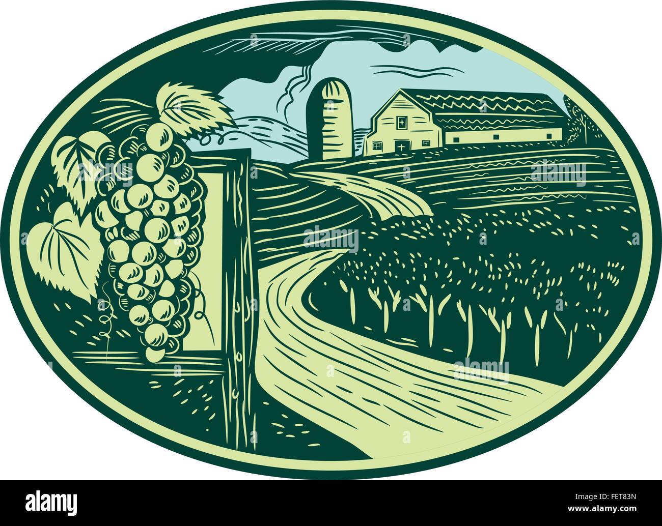 Illustration of a bunch of grapes on vine with leaves with winding road in vineyard or winery and barn farmhouse in background set inside oval shape done in retro woodcut style. Stock Vector