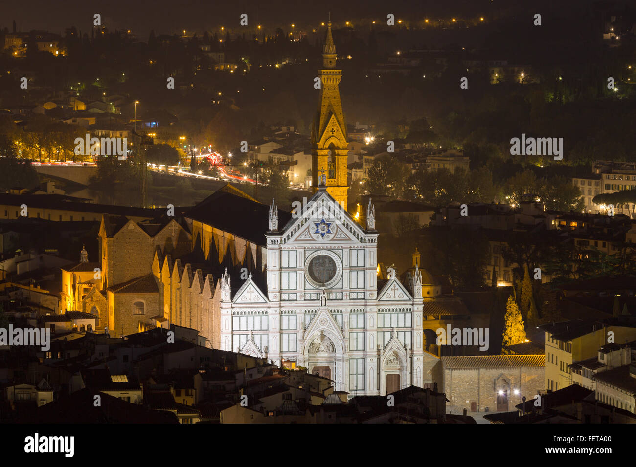 Santa Croce Church with historic centre, Night Scene, Florence, Tuscany, Italy Stock Photo