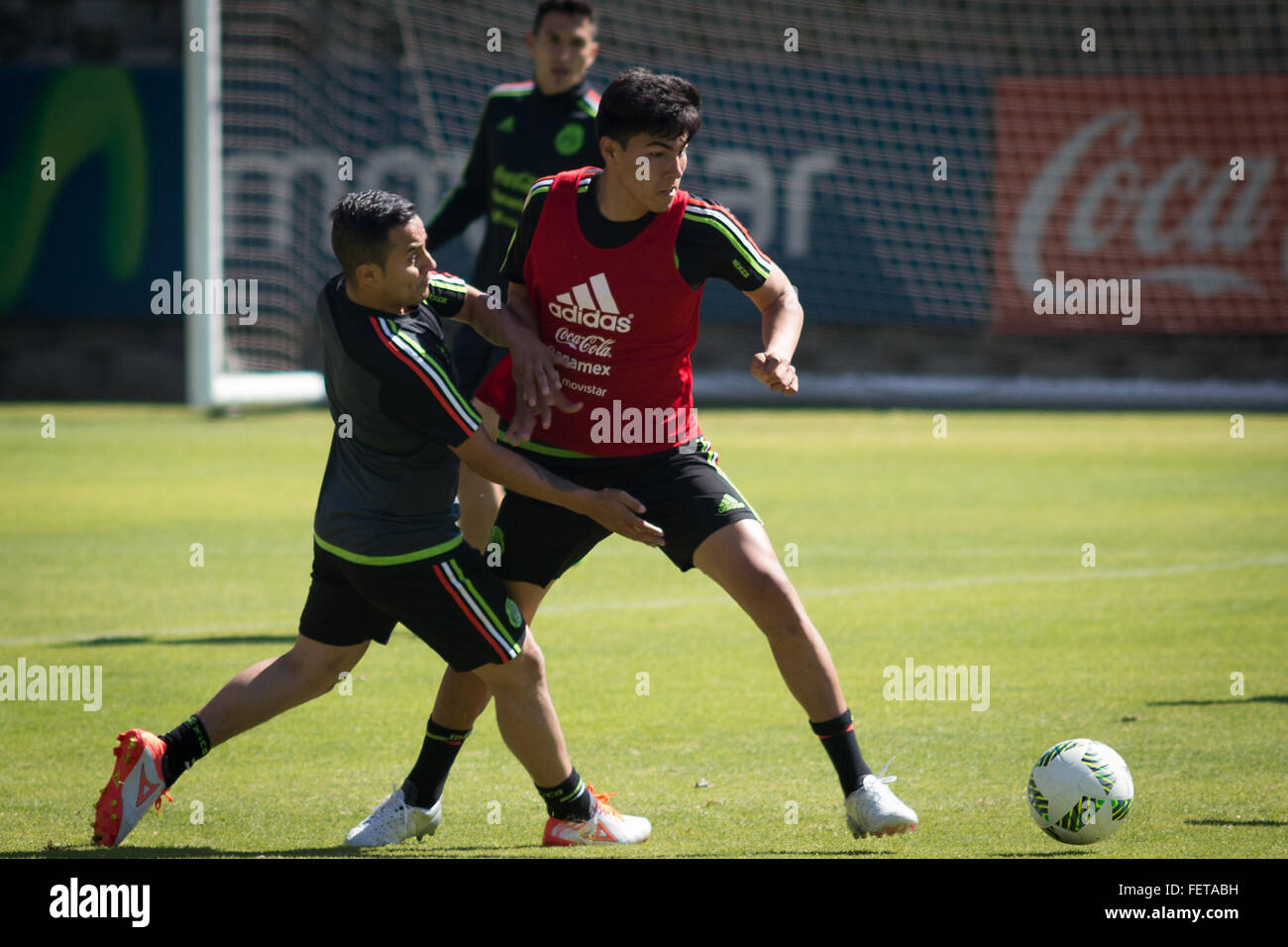 Mexico City, Mexico. 8th Feb, 2016. Mexico's players Luis Montes (L) and Erick Gutierrez participate in a training session in Mexico City, capital of Mexico, on Feb. 8, 2016. © Pedro Mera/Xinhua/Alamy Live News Stock Photo