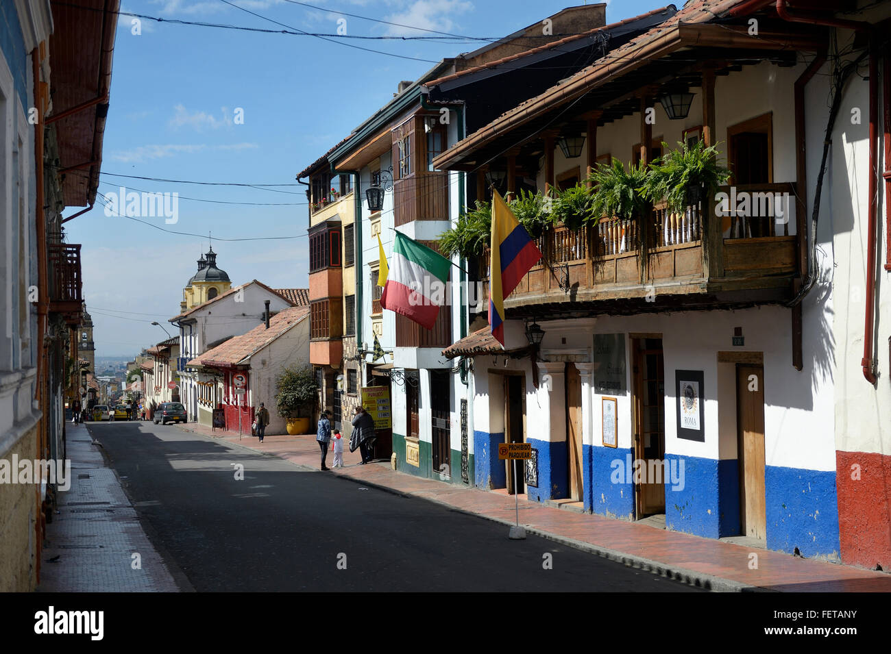 Street in historic centre, La Candelaria, Bogotá, Colombia Stock Photo