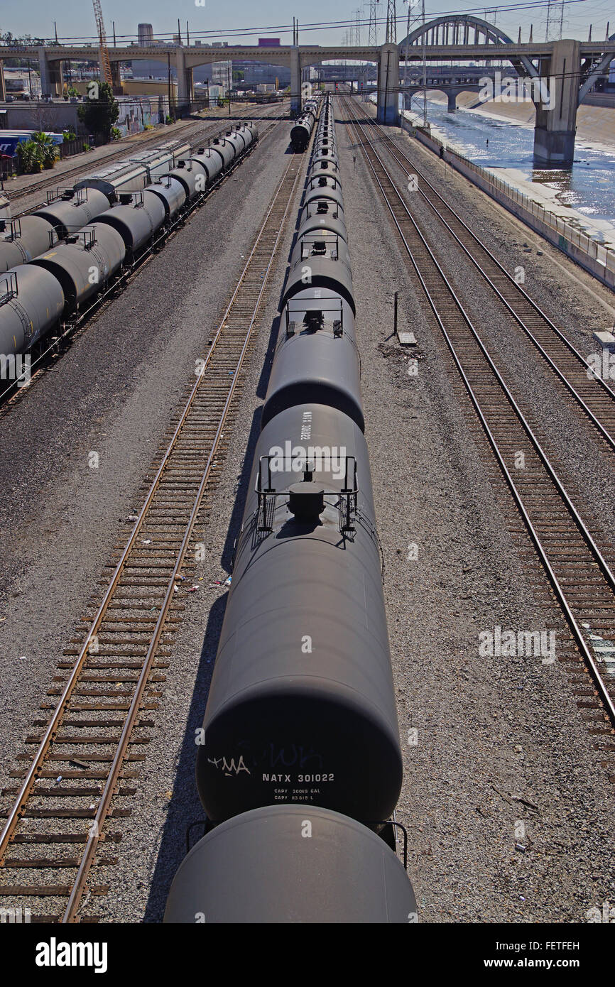 Railroad train oil tank cars transport in downtown Los Angeles