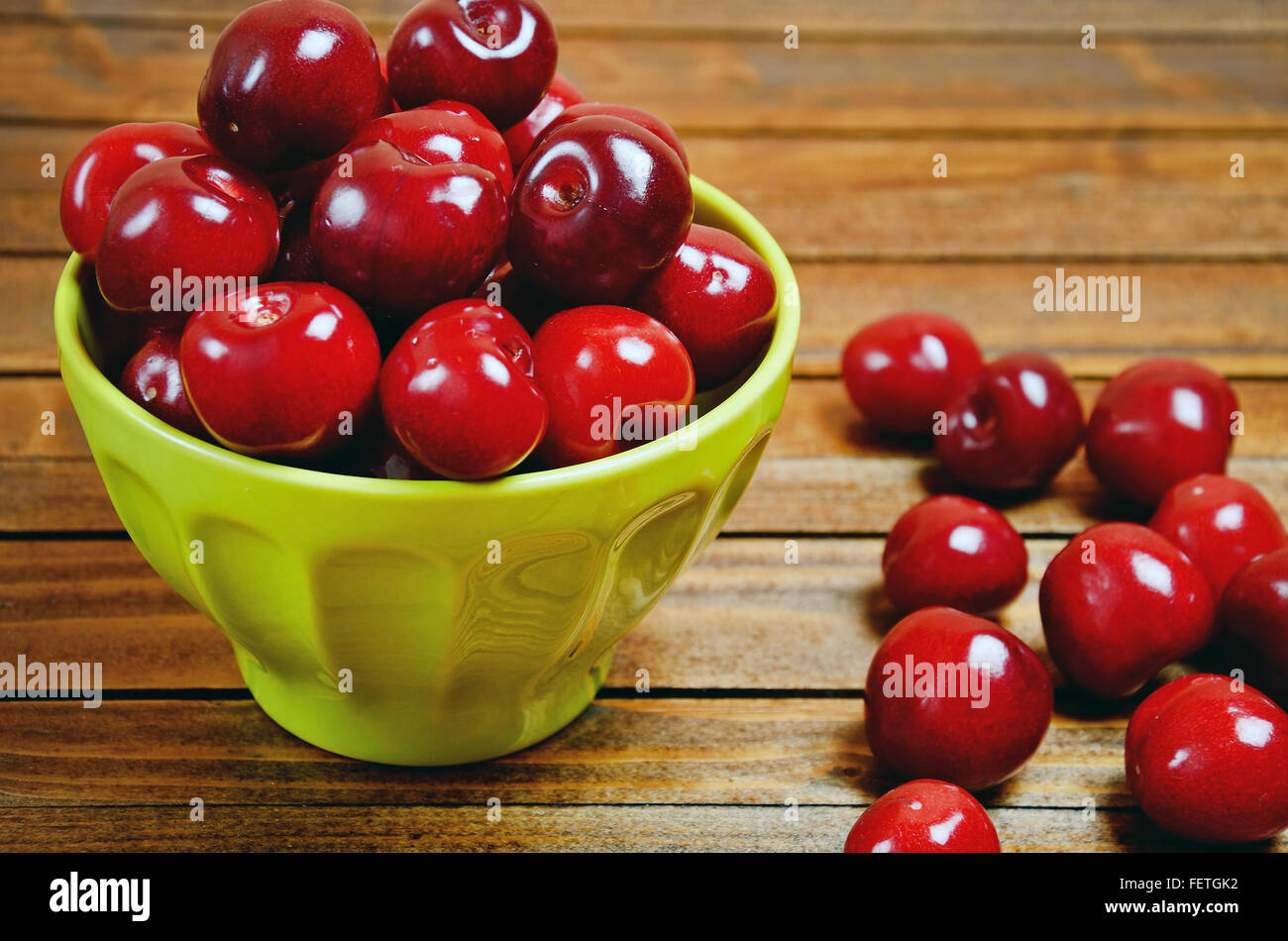 Closeup bowl with cherries fruit on table Stock Photo