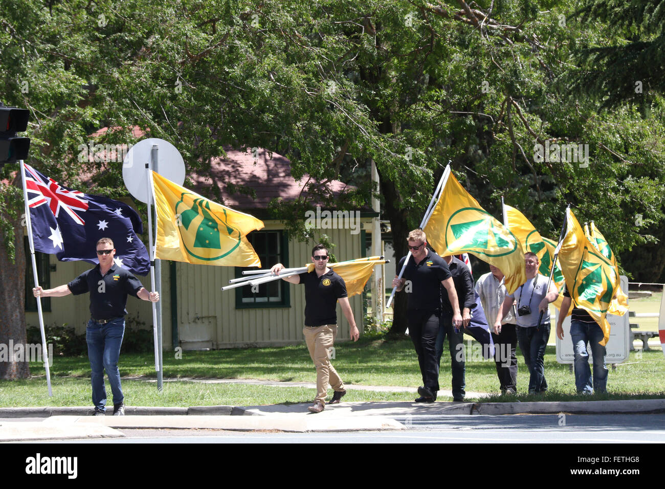 6 Feb 2016. ‘Save our country, save our culture, save our future’ PEGIDA solidarity rally in Canberra, Australia. Stock Photo