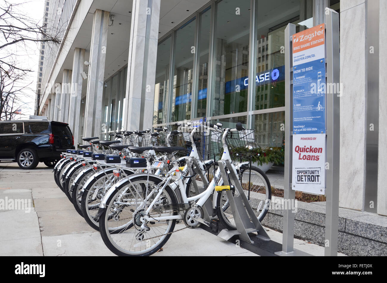 DETROIT, MI - DECEMBER 24: Zagster bikes, available to employees of Dan Gilbert companies, are located near Campus Martius park Stock Photo