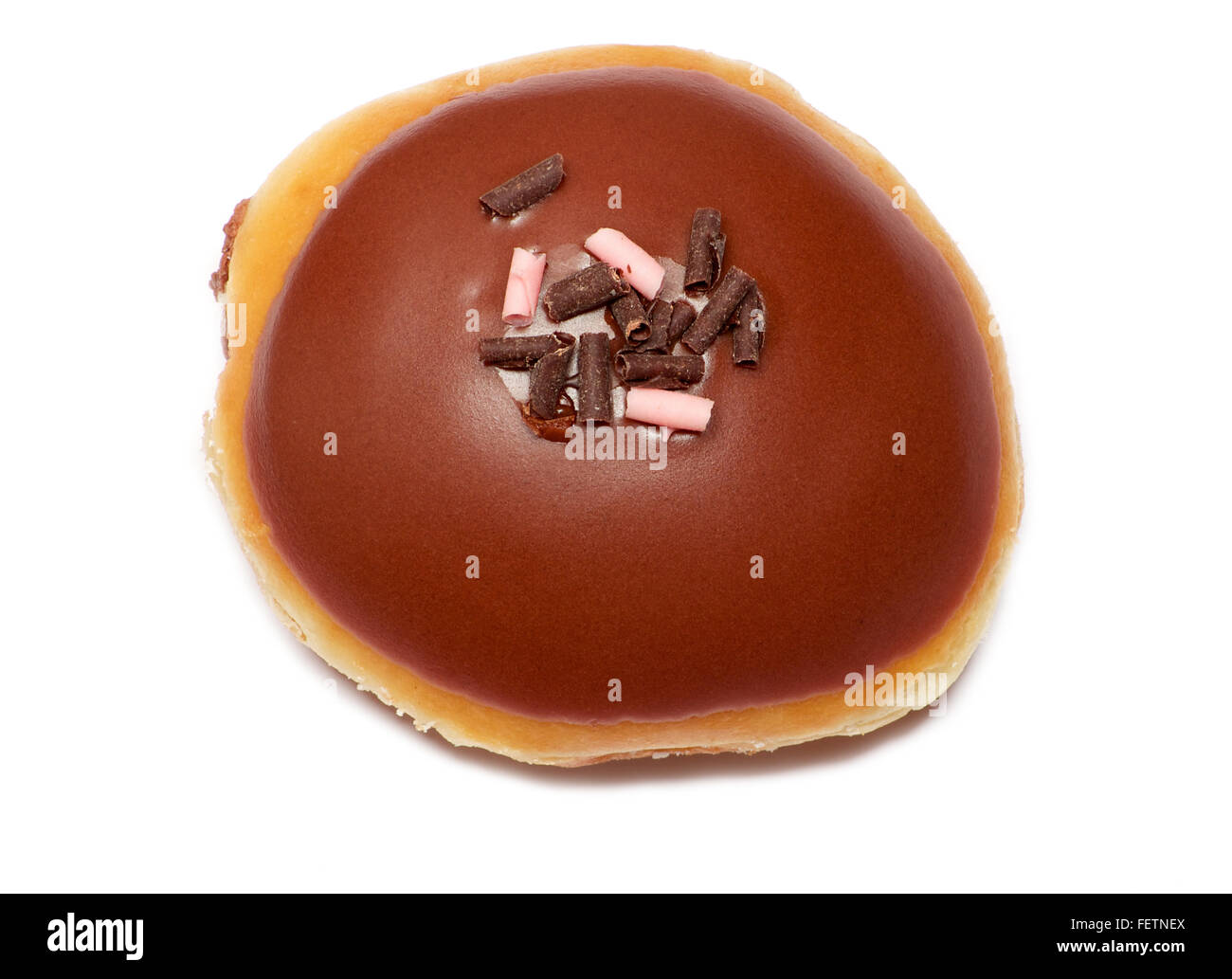 Isolated chocolate glazed donut with chocolate chips on top Stock Photo