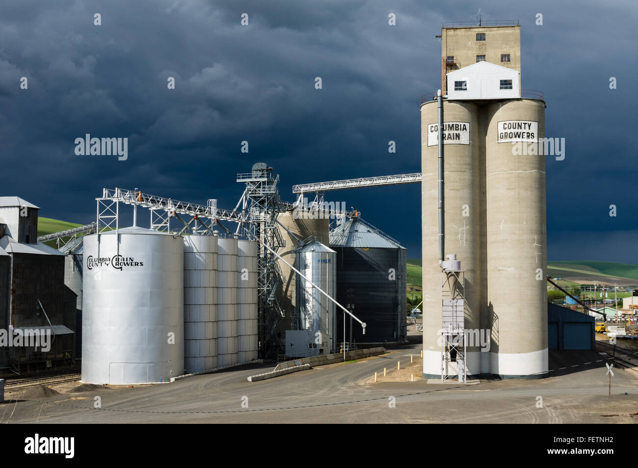 Grain silos and storage facility of Columbia County Grain Growers.  Dayton, Washington, USA Stock Photo