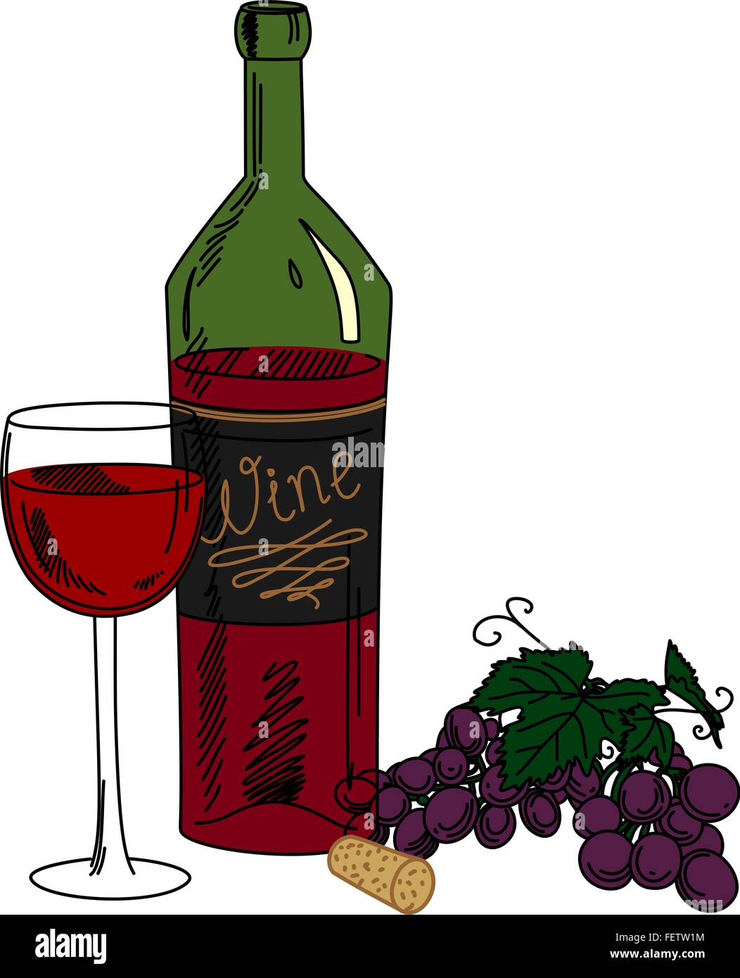 Bottle of wine, grapes and a glass Stock Vector