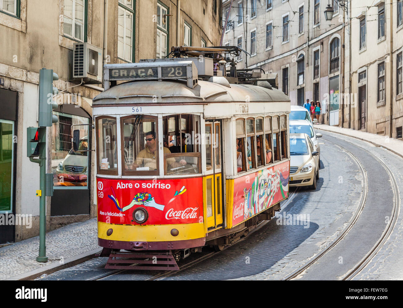 Lisbon tramway electrico 28 in the narrow Calcada Sao Francisco in the Chiado neighborhood of Lisbon, Portugal Stock Photo