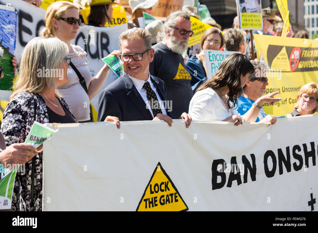 Melbourne, Australia. 9th February, 2016. Anti CSG protesters gather outside Parliament house in Melbourne to rally against Coal Seam Gas mining on February 9 - coinciding with the opening of Parliament. Credit:  David Hewison/Alamy Live News Stock Photo
