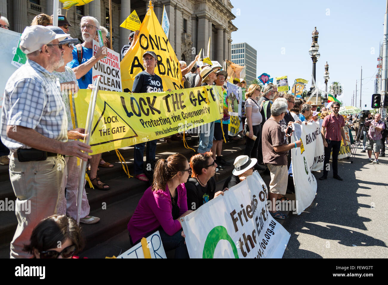 Melbourne, Australia. 9th February, 2016. Anti CSG protesters gather outside Parliament house in Melbourne to rally against Coal Seam Gas mining on February 9 - coinciding with the opening of Parliament. Credit:  David Hewison/Alamy Live News Stock Photo