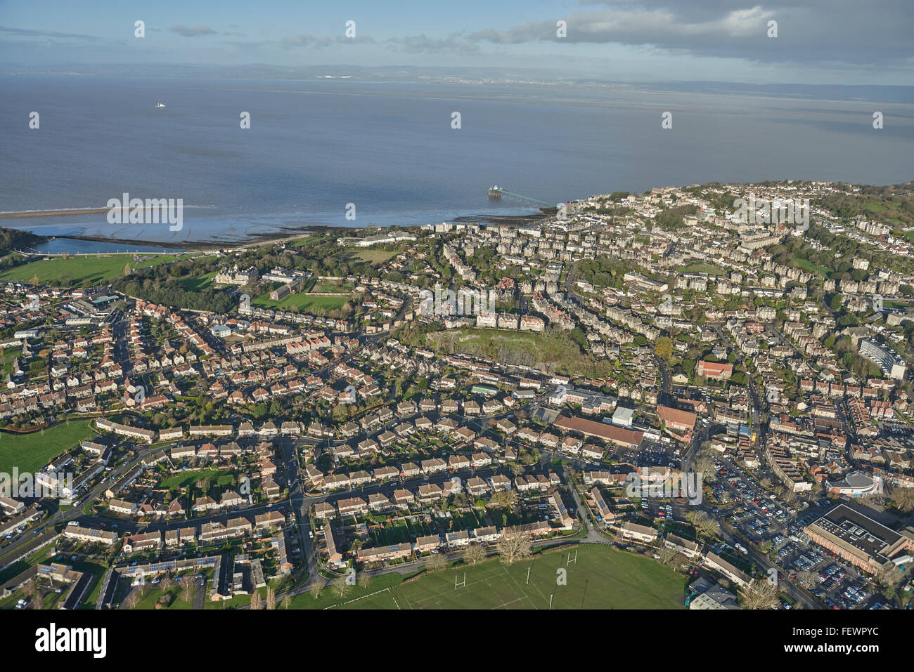 An aerial view of the Somerset town of Clevedon, looking across the Bristol Channel with Newport visible in the distance Stock Photo