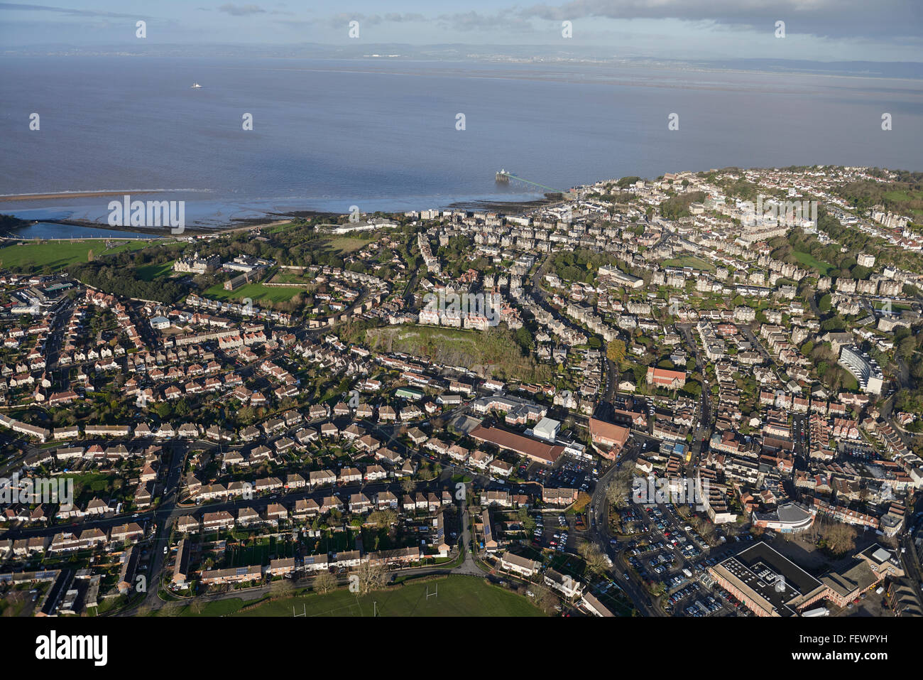 An aerial view of the Somerset town of Clevedon, looking across the Bristol Channel with Newport visible in the distance Stock Photo