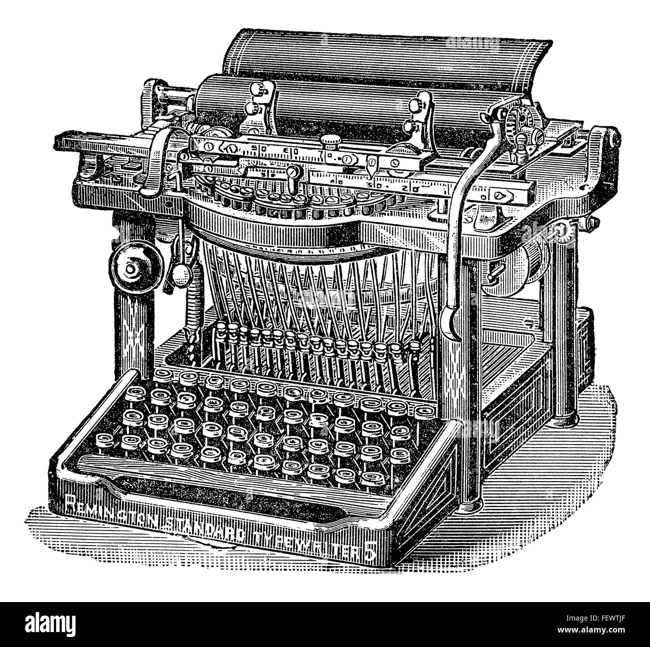 Black and white illustration of a 19th century Remington typewriter. Stock Photo