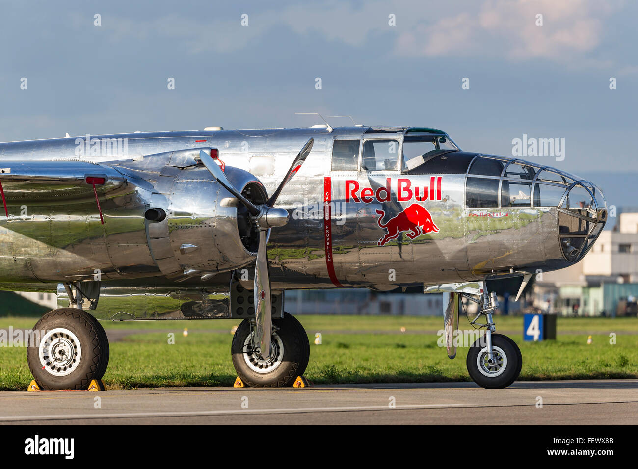 North American Aviation B-25 Mitchell bomber (registration N6123C) operated by Red Bull’s “The Flying Bulls”. Stock Photo