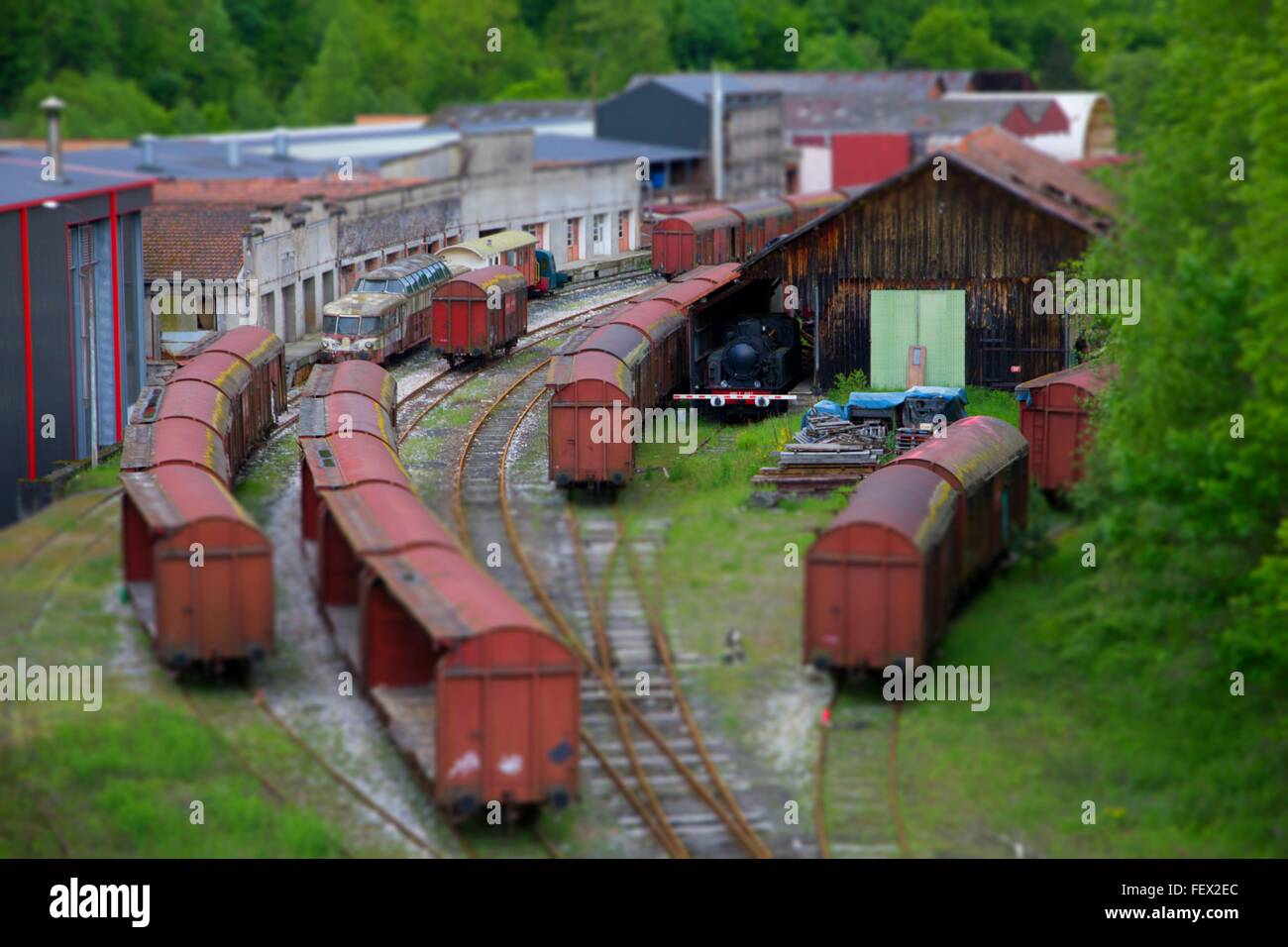 High Angle View Of Freight Cars In Yard Stock Photo