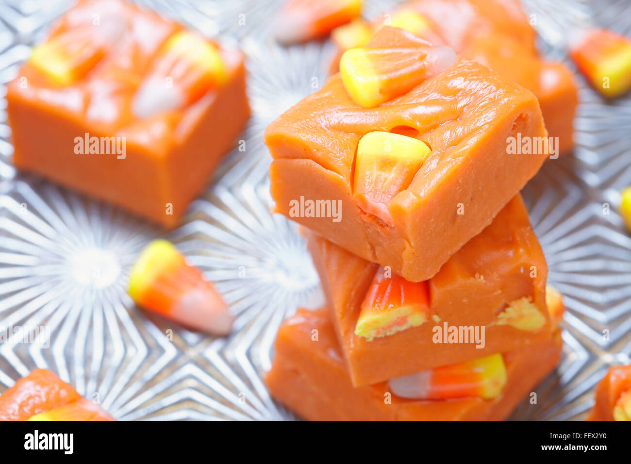 Delicious butterfinger fudge with candy corn and peanut butter Stock Photo