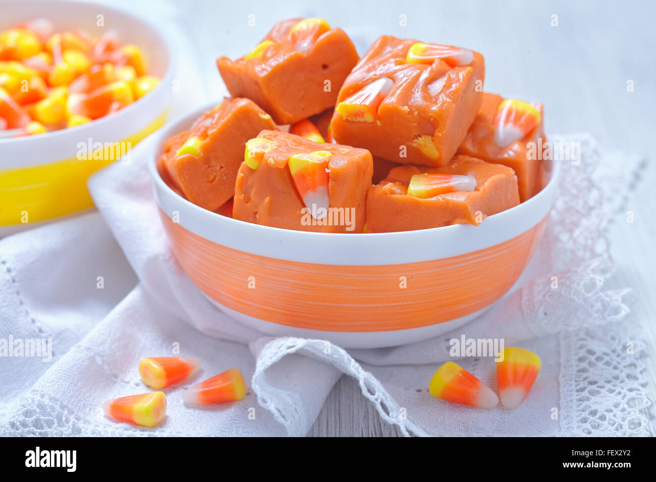 Delicious butterfinger fudge with candy corn and peanut butter Stock Photo