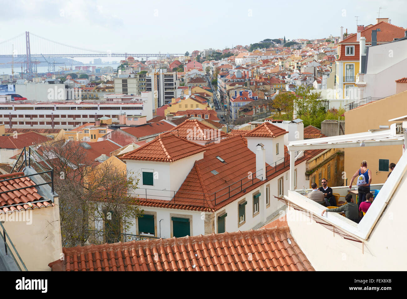 Terrace in the Miradouro de Santa Catarina, Lisbon, Portugal, Europe Stock Photo