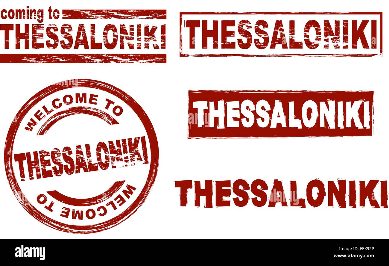 Set of stylized ink stamps showing the city of Thessaloniki Stock Vector