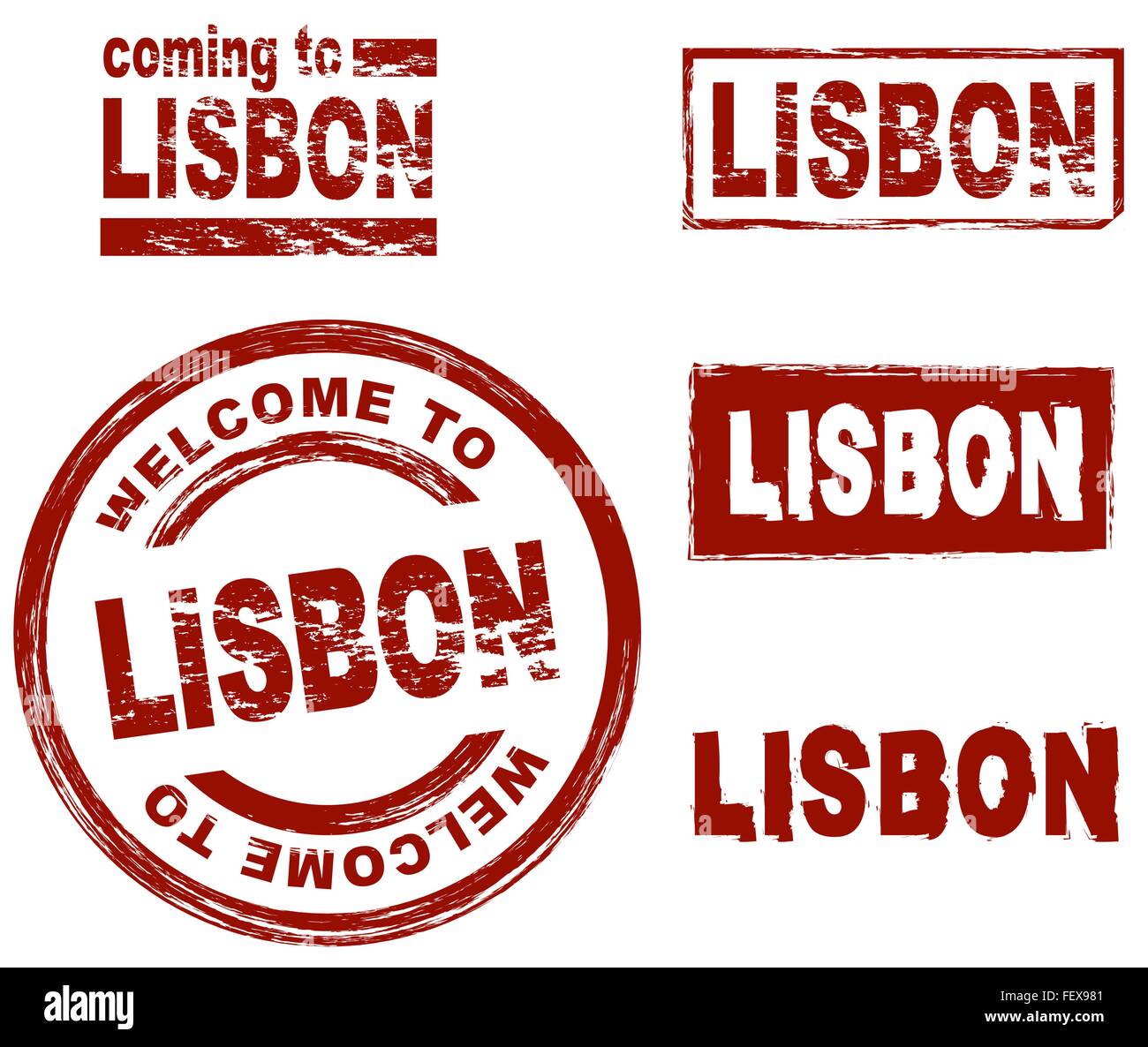 Set of stylized ink stamps showing the city of Lisbon Stock Vector