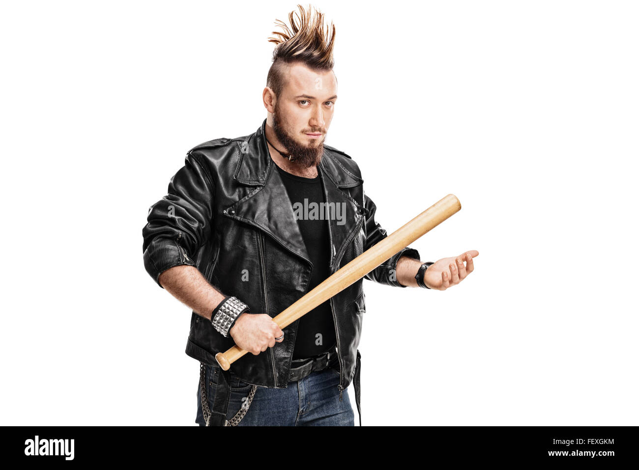 Young violent punk rocker holding a baseball bat and looking at the camera  isolated on white background Stock Photo - Alamy