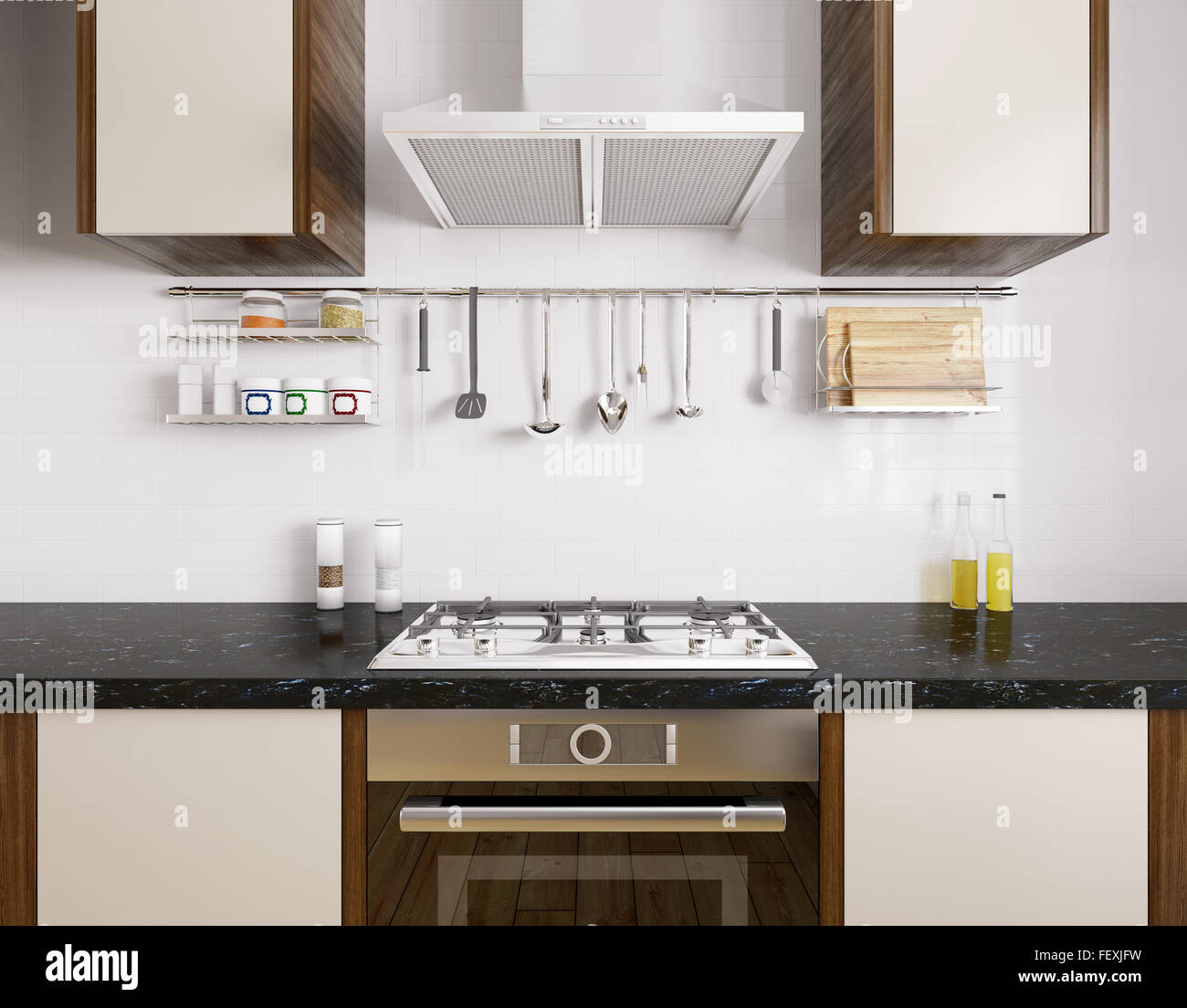 Modern kitchen with black granite counter, oven,gas stove, hood ...