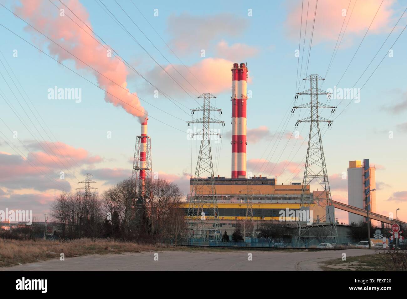 Power plant in Gdynia, Poland. High voltage lines and chimneys Stock Photo