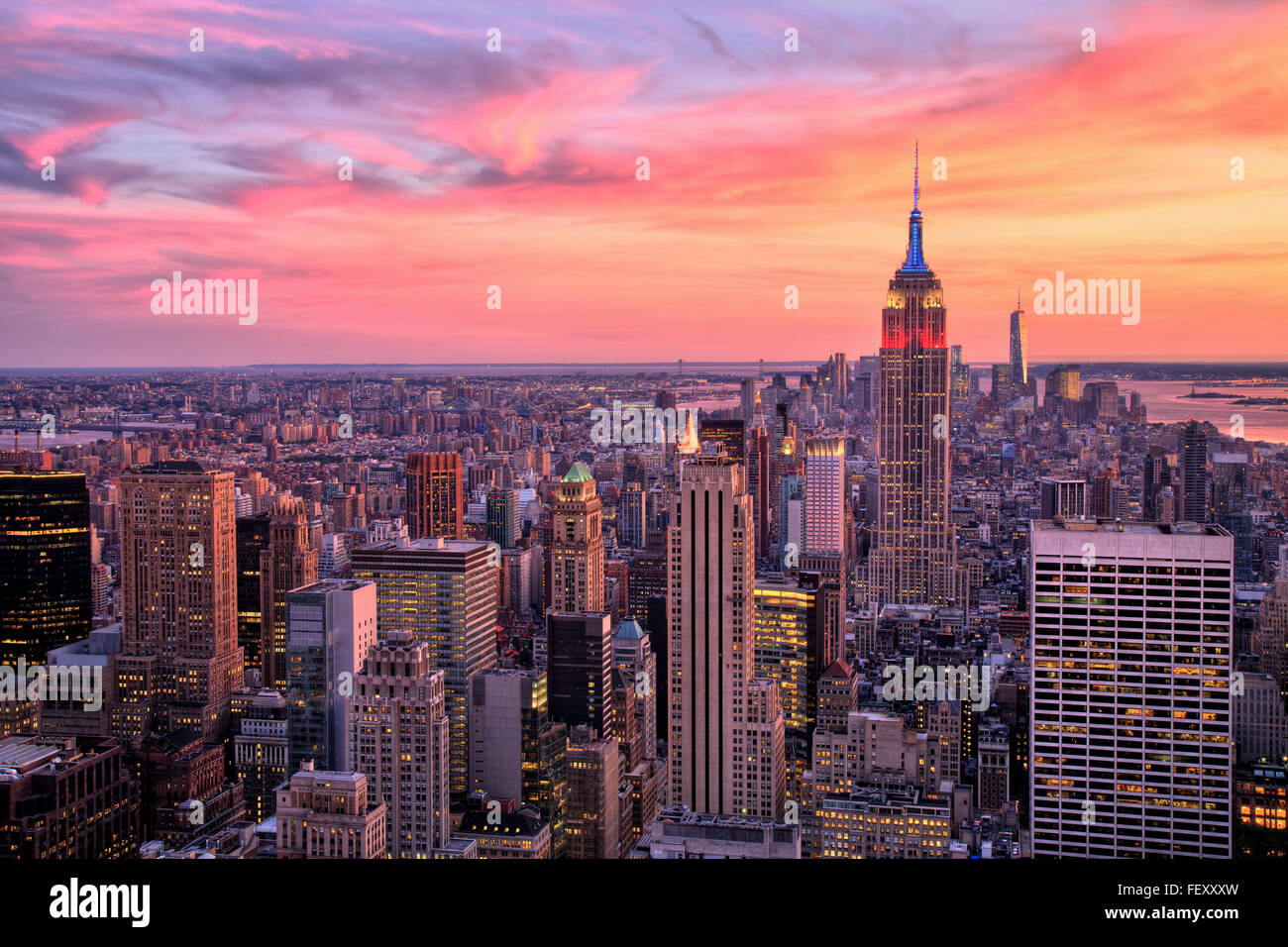 Keywords:  new, york, city, sunset, manhattan, empire, state, building, aerial, skyline, cityscape, nyc, view, usa, america, sky Stock Photo