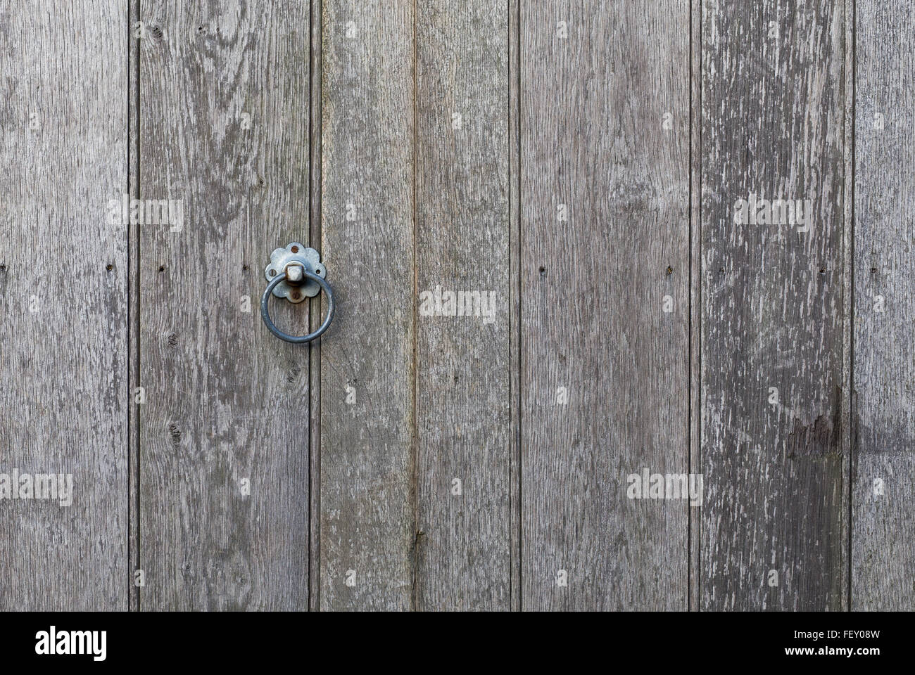 Old wooden fence door with metal ring, copy space Stock Photo