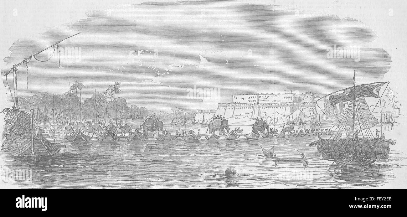 INDIA Rail Ft of Allahabad-Bridge of Boats, Yamuna 1851. Illustrated London News Stock Photo