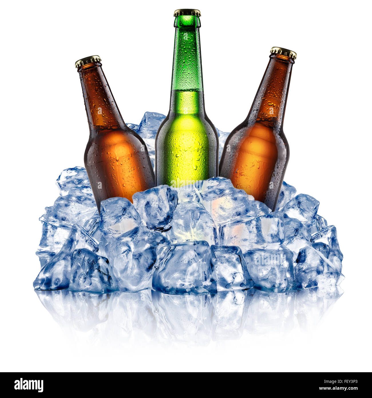 Green and brown beer bottles, cooling down in a rough crushed ice. Clipping paths Stock Photo