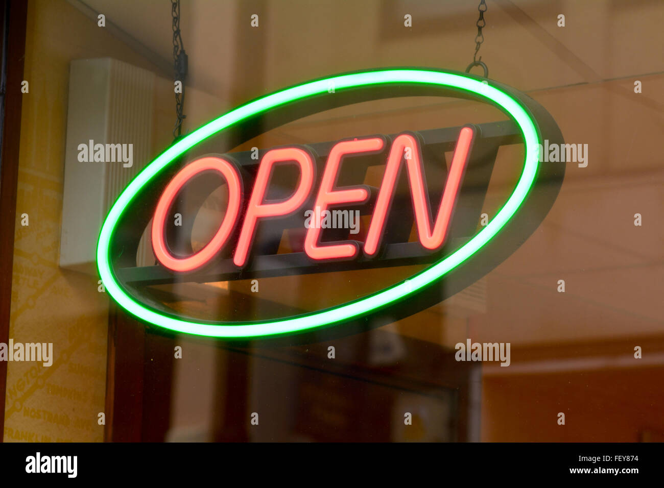 Neon Open sign in shop window Stock Photo Alamy