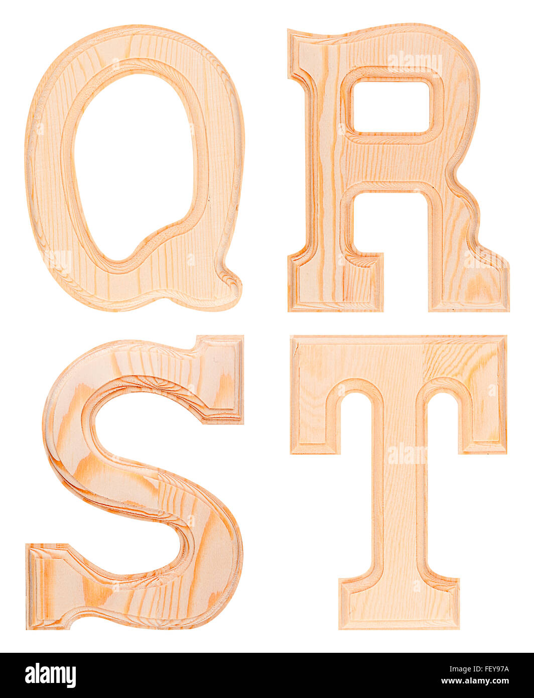 Set of wooden letters Q, R, S, T of the alphabet isolated Stock Photo