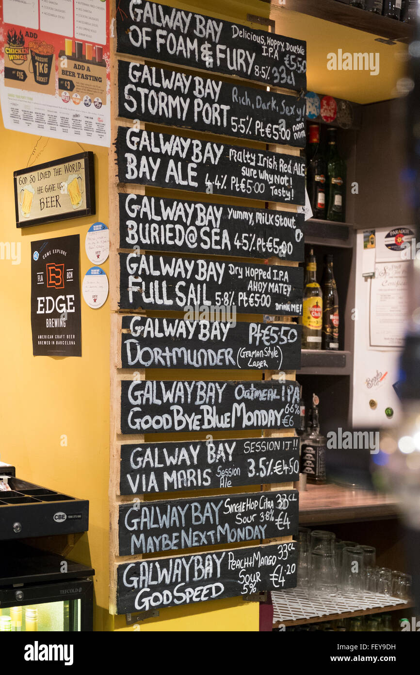 Galway Bay Craft brewery ales bill of fare at it's own Oslo Bar, Galway Ireland Stock Photo