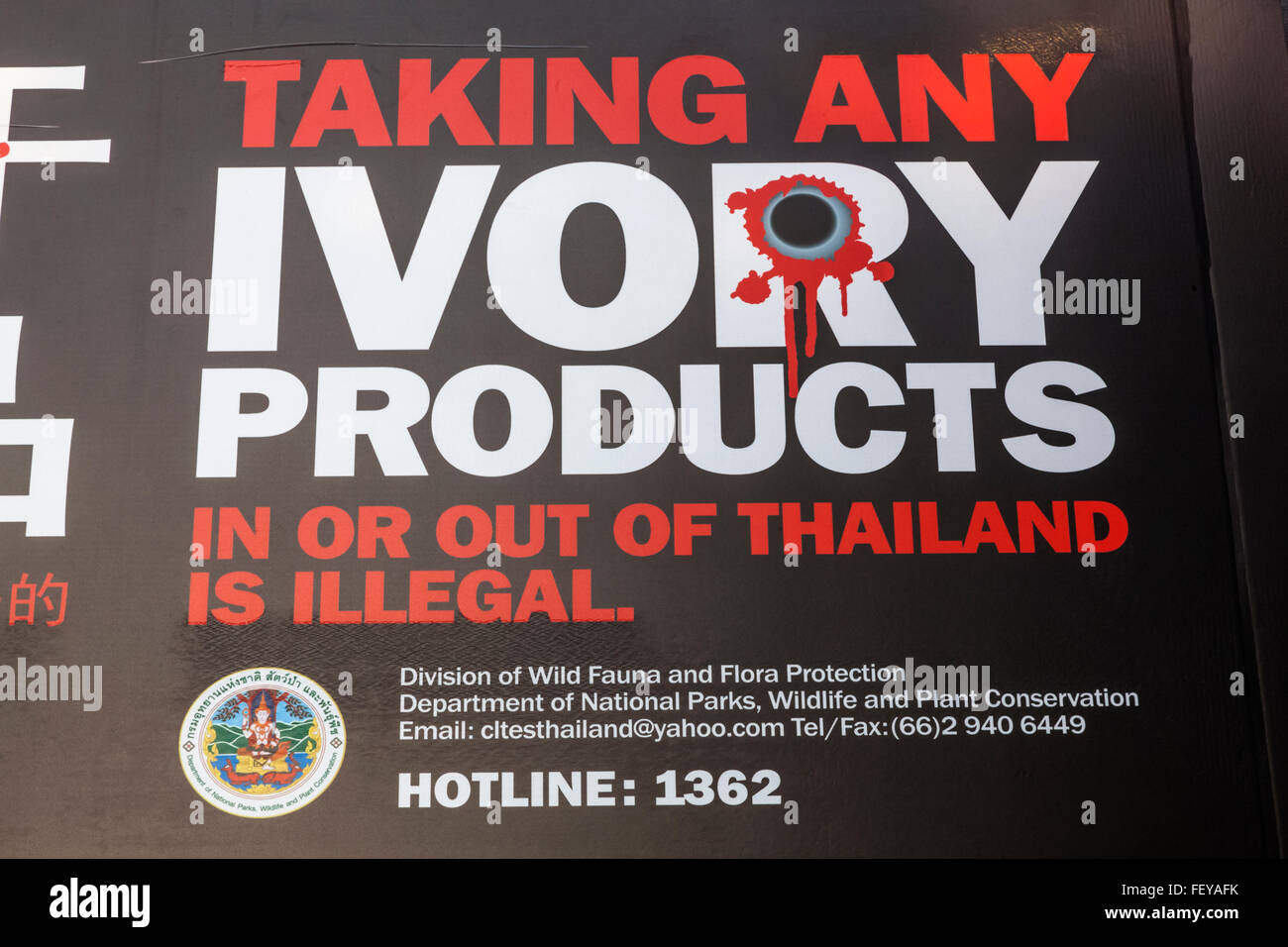 Thailand, Bangkok, Chatuchak Market, Sign in English Informing of the Illegality of Taking Ivory Products out of Thailand Stock Photo