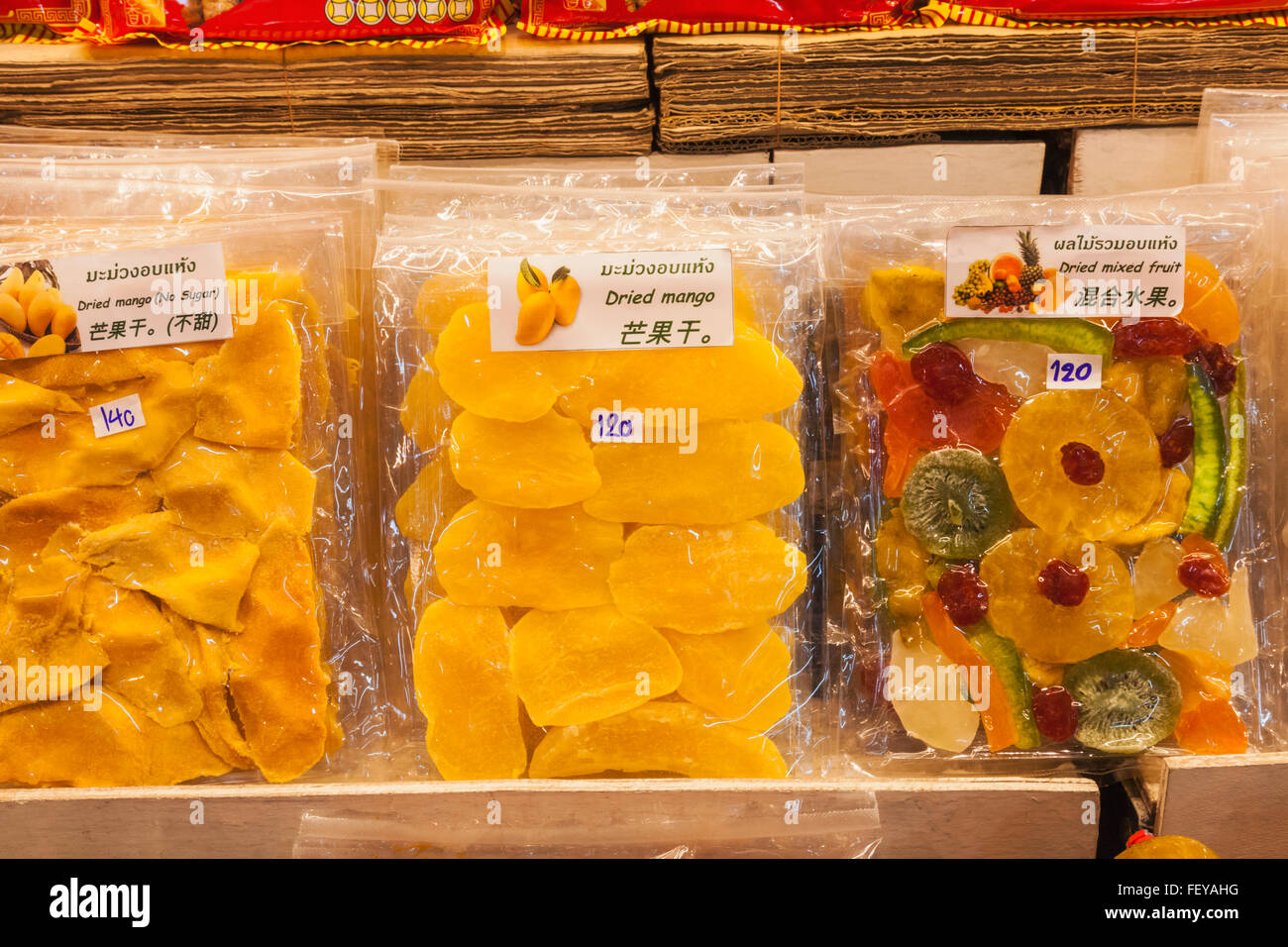 Thailand, Bangkok, Chatuchak Market, Shop Display of Dried Fruits Stock
