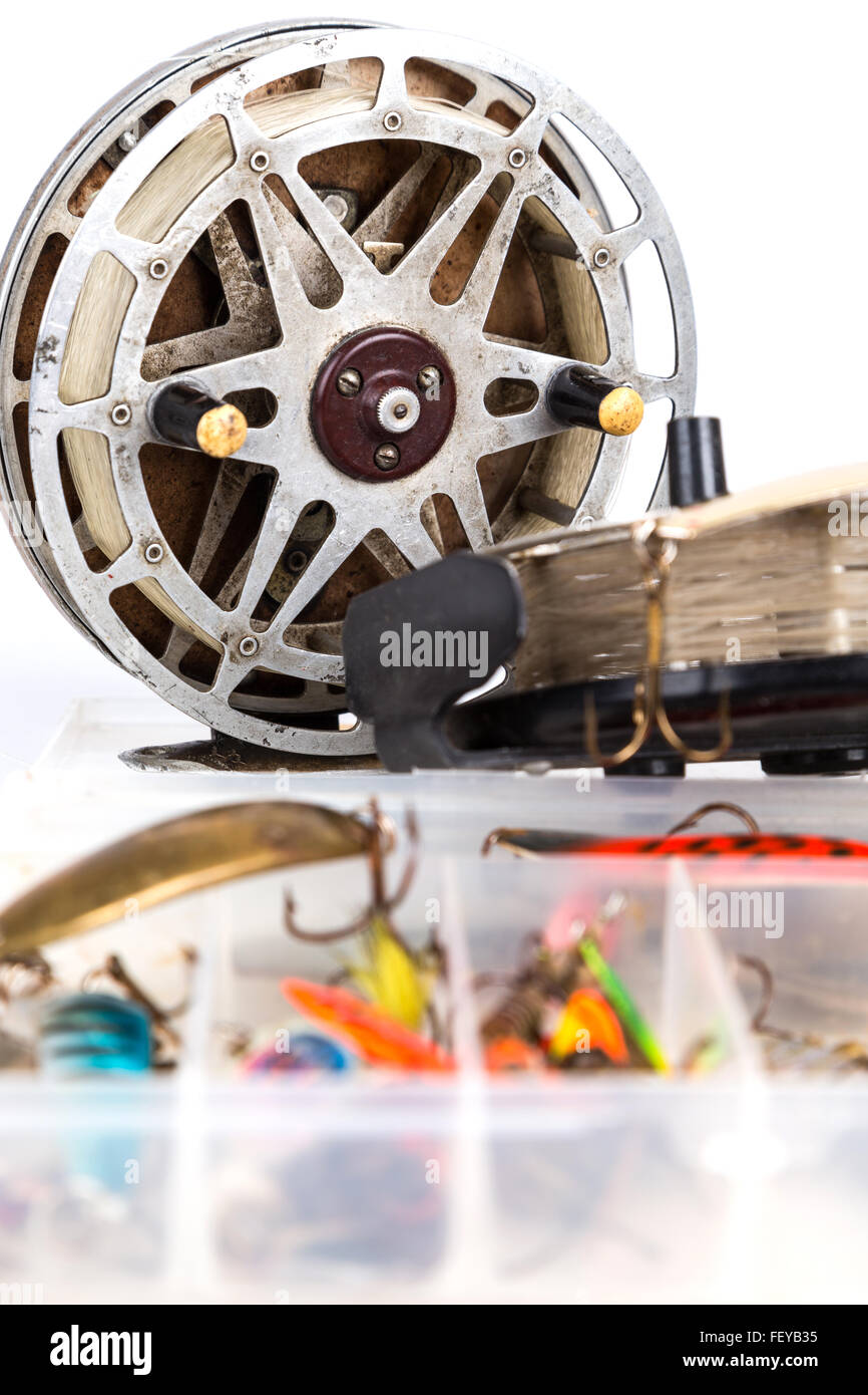fishing lure in storage box and lading reels with line Stock Photo