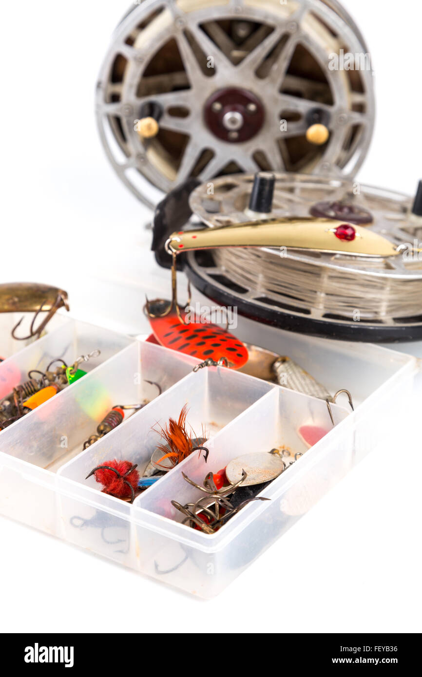 fishing lure in storage box and lading reels with line Stock Photo