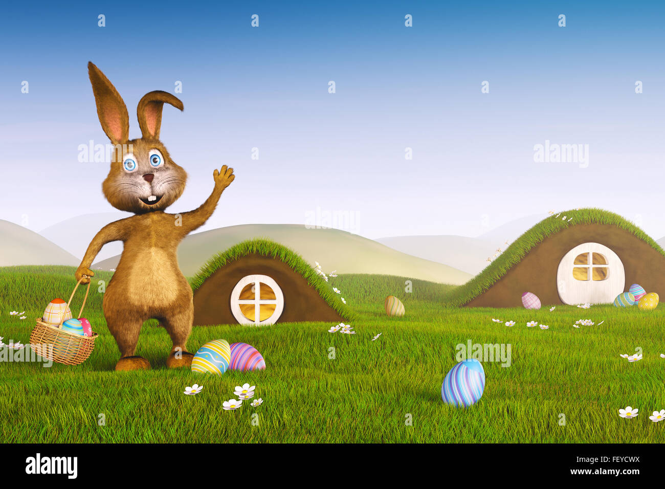 A cute Easter bunny holding a basket with Easter eggs Stock Photo - Alamy