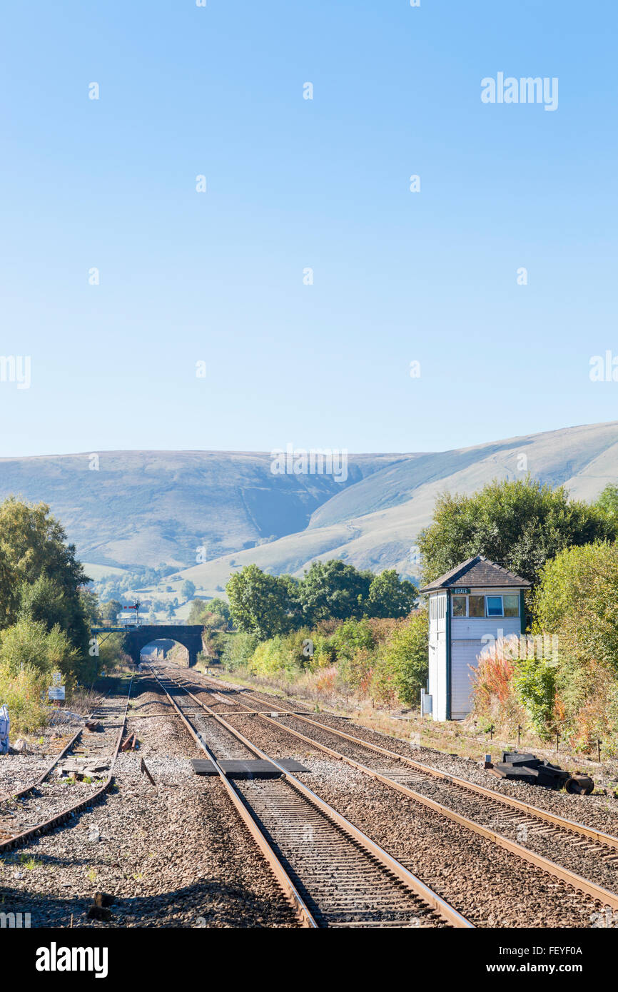 Railway lines and signal box in the countryside at Edale, Derbyshire, Peak District, England, UK Stock Photo