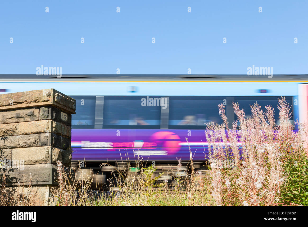 Fast train travelling over a bridge in the countryside. A First TransPennine Express in the Vale of Edale, Derbyshire, Peak District, England, UK Stock Photo