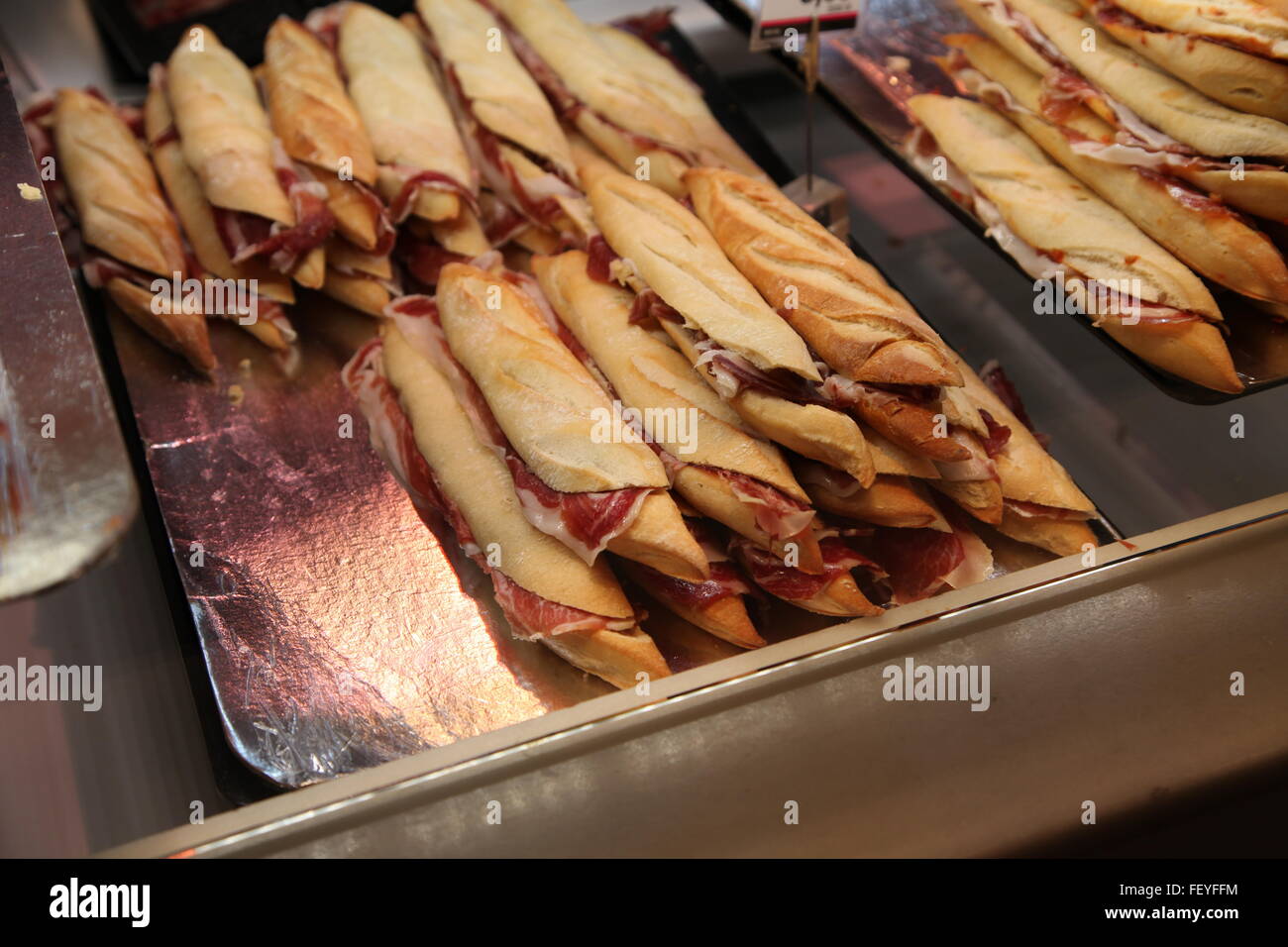 Sandwiches With Ham In Cabinet Display Stock Photo