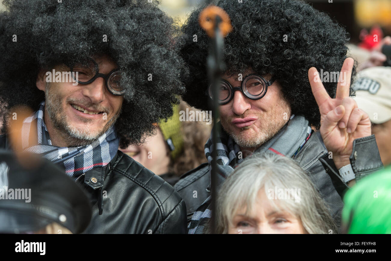 Munich, Germany. 9th Feb, 2016. Costumed visitors at the opening of the traditional carnival revelry at the Viktualienmarkt in Munich, Germany, 9 February 2016. PHOTO: MATTHIAS BALK/DPA/Alamy Live News Stock Photo