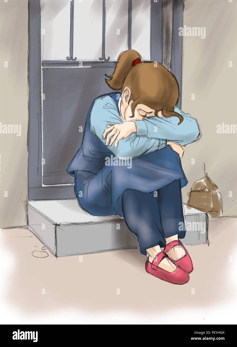 A girl is crying outside of her house Stock Photo