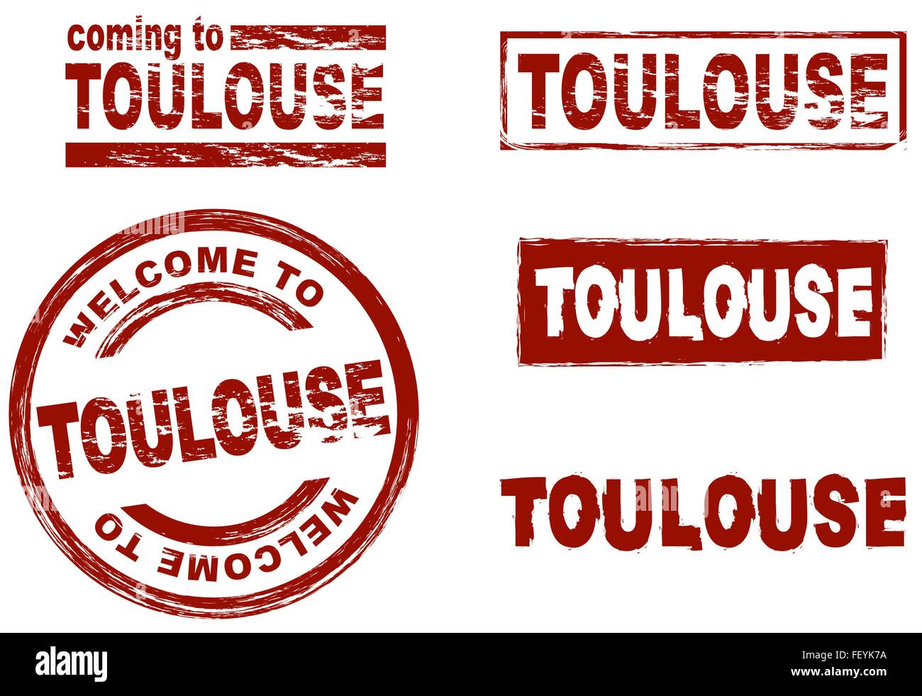Set of stylized ink stamps showing the city of Toulouse Stock Vector