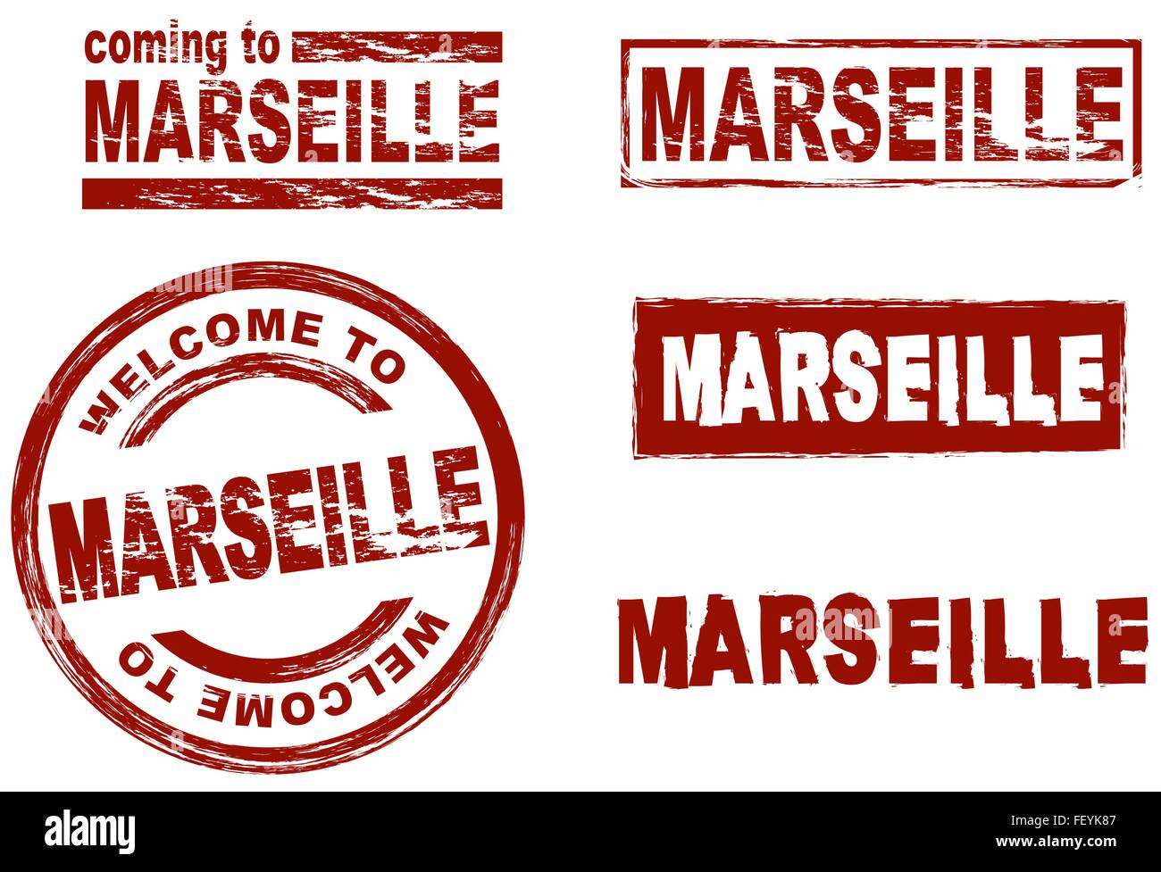 Set of stylized ink stamps showing the city of Marseille Stock Vector