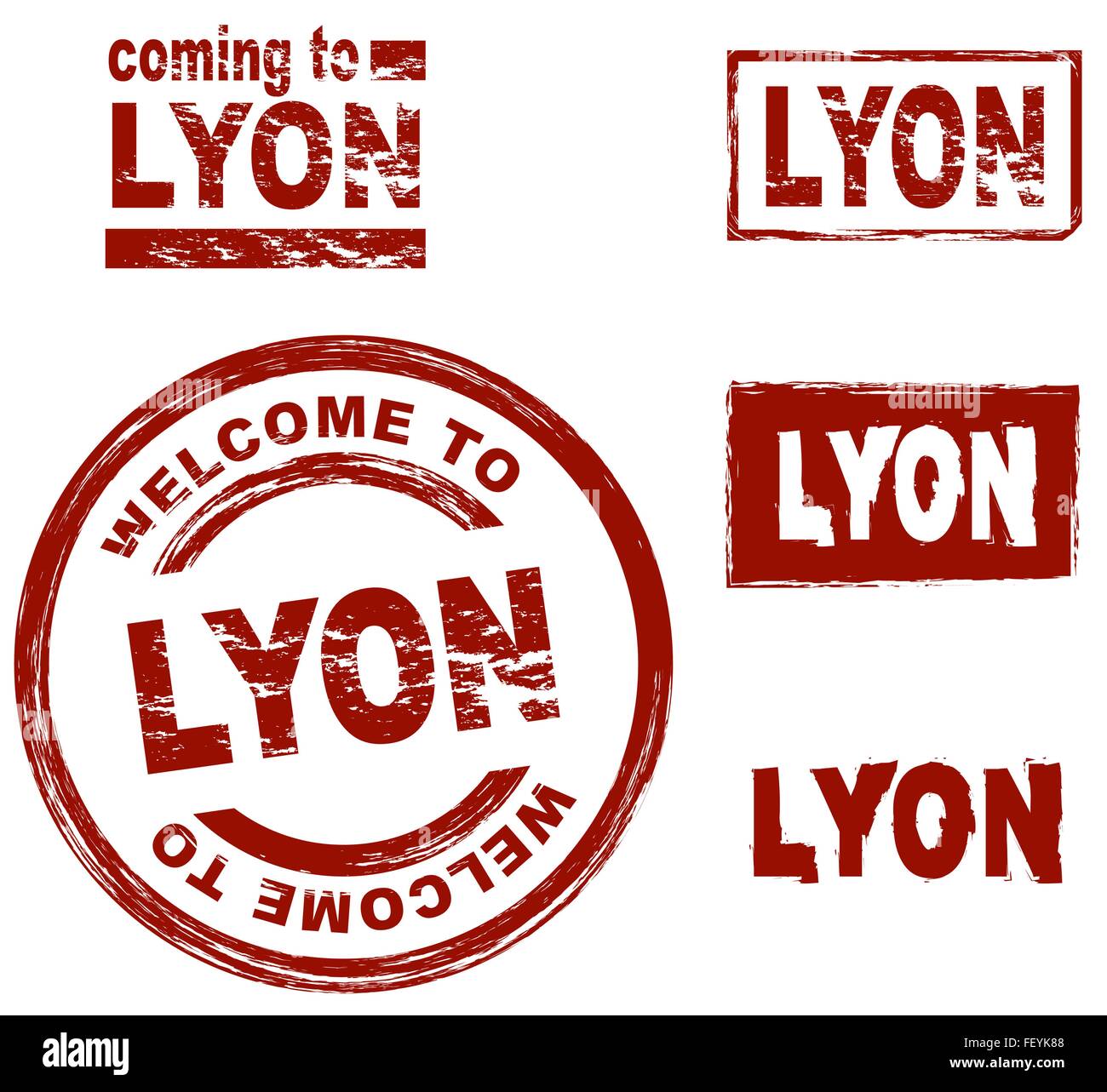Set of stylized ink stamps showing the city of Lyon Stock Vector