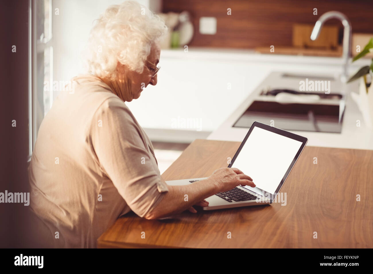 Elderly woman typing on laptop Stock Photo