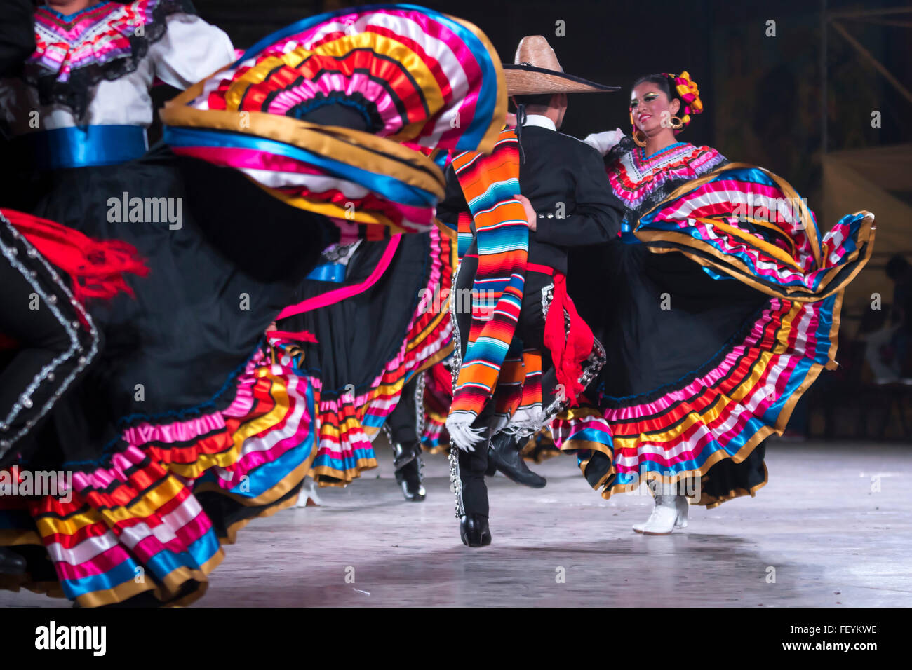 People dancing Jarabe Tapatio. Mexican folk dance.  International festival of folk dances El Buen Pastor School, municipality of Stock Photo